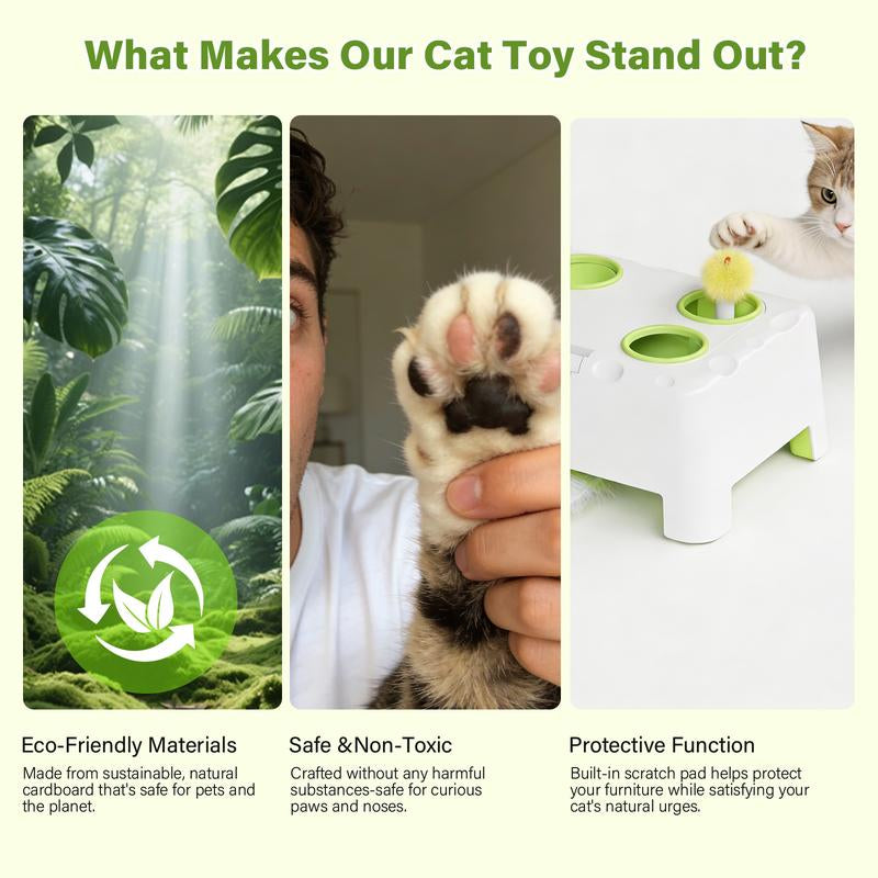 HAPPYCODE Interactive Cat Toy - 4-Hole Whack-A-Mole Electric Toy with Three Modes: Feather Wand, Whack-A-Mole, and Rechargeable Hide-and-Seek for All Cats