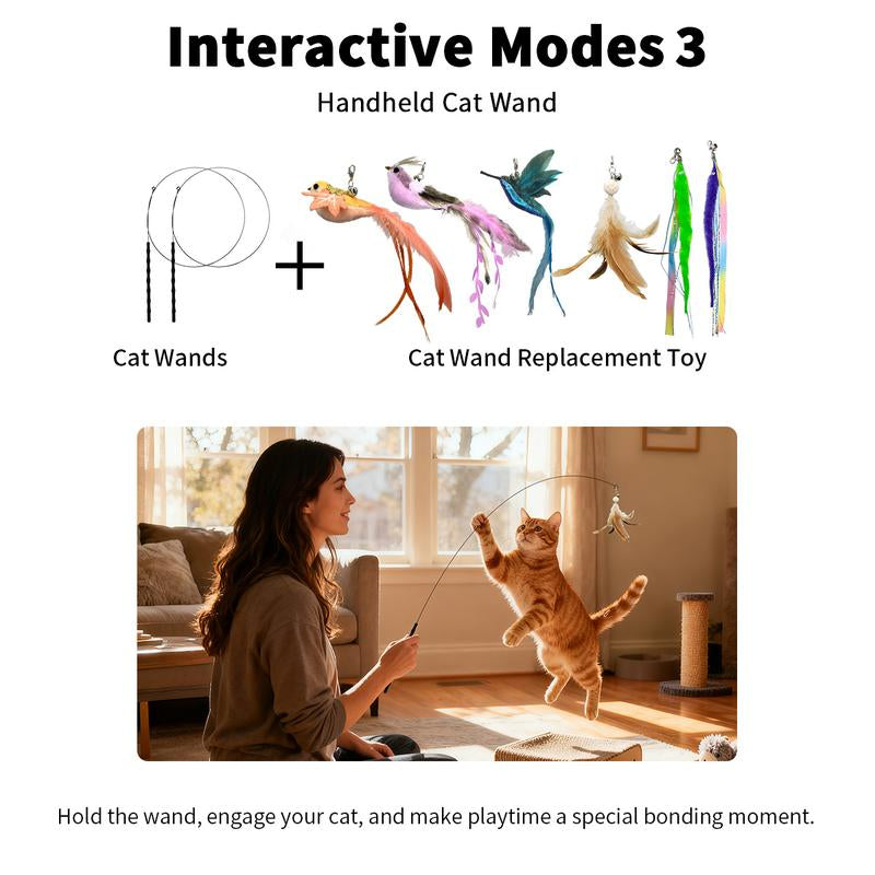 10-Piece Interactive Cat Toy Set with Hands-Free Suction Cup Wand, Natural Feathers and Bells - Realistic Self-Playing Hunting Toys for Indoor Cats with Multiple Replacements