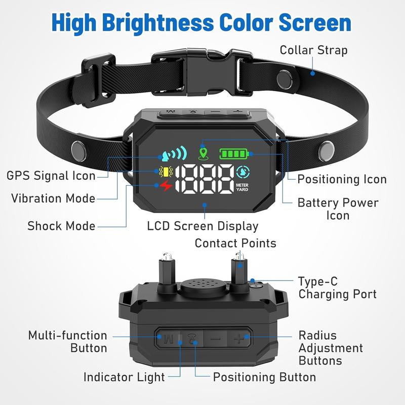 GPS Wireless Dog Fence System with Perimeter Collar, Adjustable Radius 33-1999 Yards, IPX7 Waterproof, Beep, Vibration, and Shock Correction for Pets Over 18 lbs