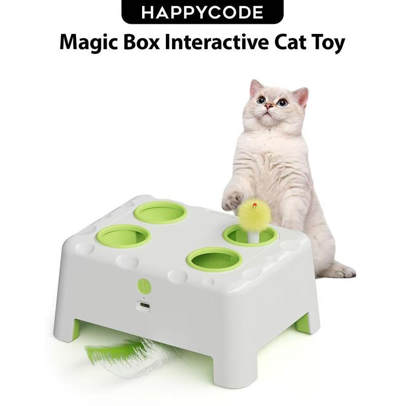 HAPPYCODE Interactive Cat Toy - 4-Hole Whack-A-Mole Electric Toy with Three Modes: Feather Wand, Whack-A-Mole, and Rechargeable Hide-and-Seek for All Cats