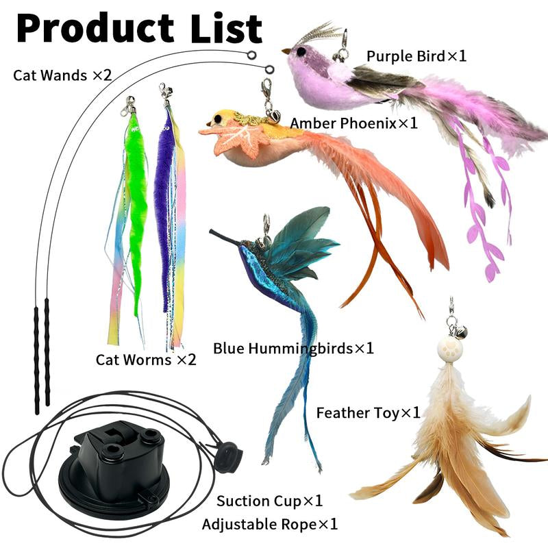 10-Piece Interactive Cat Toy Set with Hands-Free Suction Cup Wand, Natural Feathers and Bells - Realistic Self-Playing Hunting Toys for Indoor Cats with Multiple Replacements