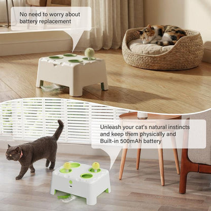 HAPPYCODE Interactive Cat Toy - 4-Hole Whack-A-Mole Electric Toy with Three Modes: Feather Wand, Whack-A-Mole, and Rechargeable Hide-and-Seek for All Cats