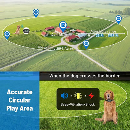 GPS Wireless Dog Fence System with Perimeter Collar, Adjustable Radius 33-1999 Yards, IPX7 Waterproof, Beep, Vibration, and Shock Correction for Pets Over 18 lbs