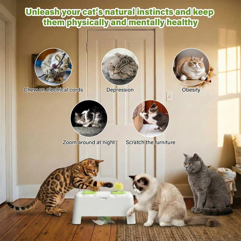 HAPPYCODE Interactive Cat Toy - 4-Hole Whack-A-Mole Electric Toy with Three Modes: Feather Wand, Whack-A-Mole, and Rechargeable Hide-and-Seek for All Cats