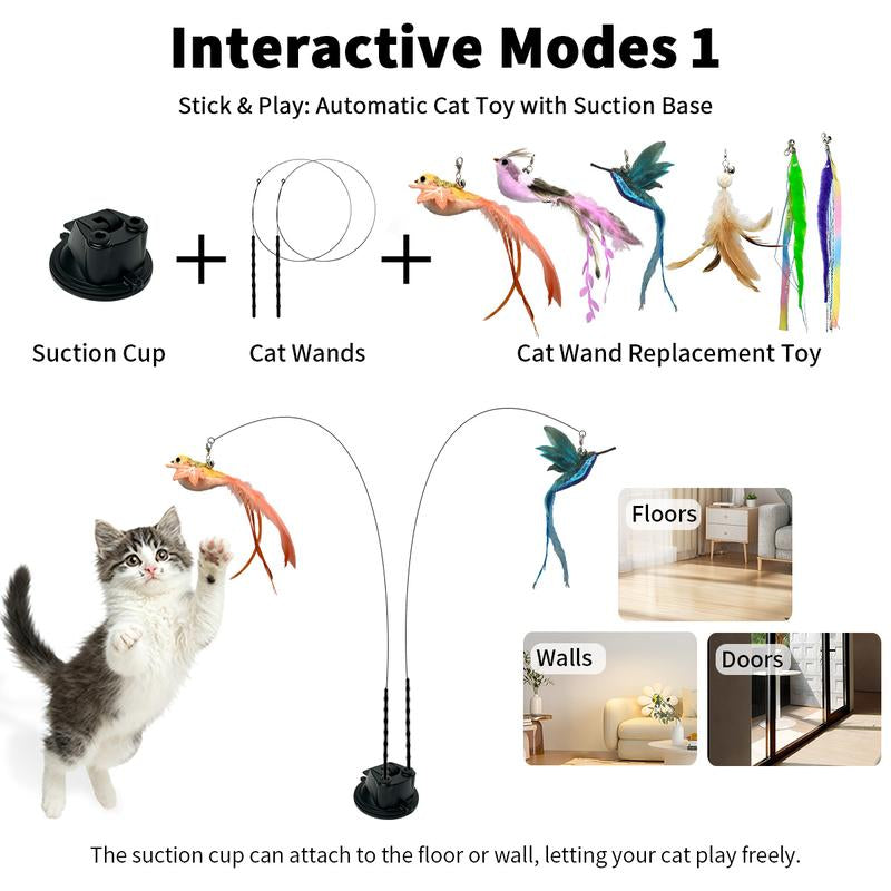 10-Piece Interactive Cat Toy Set with Hands-Free Suction Cup Wand, Natural Feathers and Bells - Realistic Self-Playing Hunting Toys for Indoor Cats with Multiple Replacements