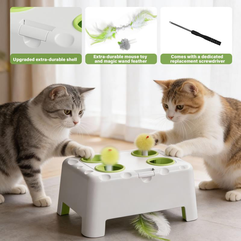 HAPPYCODE Interactive Cat Toy - 4-Hole Whack-A-Mole Electric Toy with Three Modes: Feather Wand, Whack-A-Mole, and Rechargeable Hide-and-Seek for All Cats