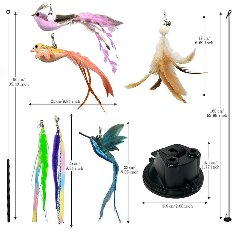 10-Piece Interactive Cat Toy Set with Hands-Free Suction Cup Wand, Natural Feathers and Bells - Realistic Self-Playing Hunting Toys for Indoor Cats with Multiple Replacements