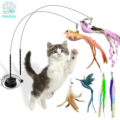 10-Piece Interactive Cat Toy Set with Hands-Free Suction Cup Wand, Natural Feathers and Bells - Realistic Self-Playing Hunting Toys for Indoor Cats with Multiple Replacements
