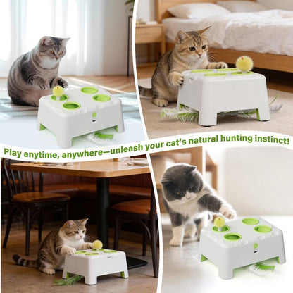 HAPPYCODE Interactive Cat Toy - 4-Hole Whack-A-Mole Electric Toy with Three Modes: Feather Wand, Whack-A-Mole, and Rechargeable Hide-and-Seek for All Cats