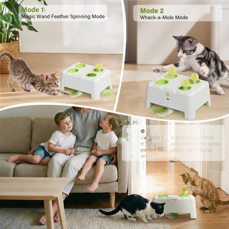 HAPPYCODE Interactive Cat Toy - 4-Hole Whack-A-Mole Electric Toy with Three Modes: Feather Wand, Whack-A-Mole, and Rechargeable Hide-and-Seek for All Cats