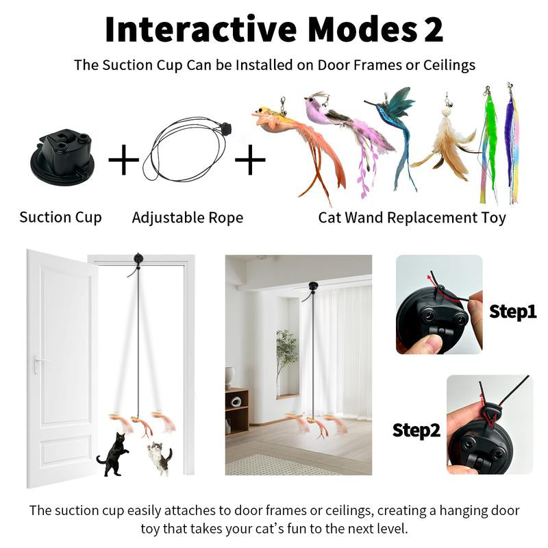 10-Piece Interactive Cat Toy Set with Hands-Free Suction Cup Wand, Natural Feathers and Bells - Realistic Self-Playing Hunting Toys for Indoor Cats with Multiple Replacements